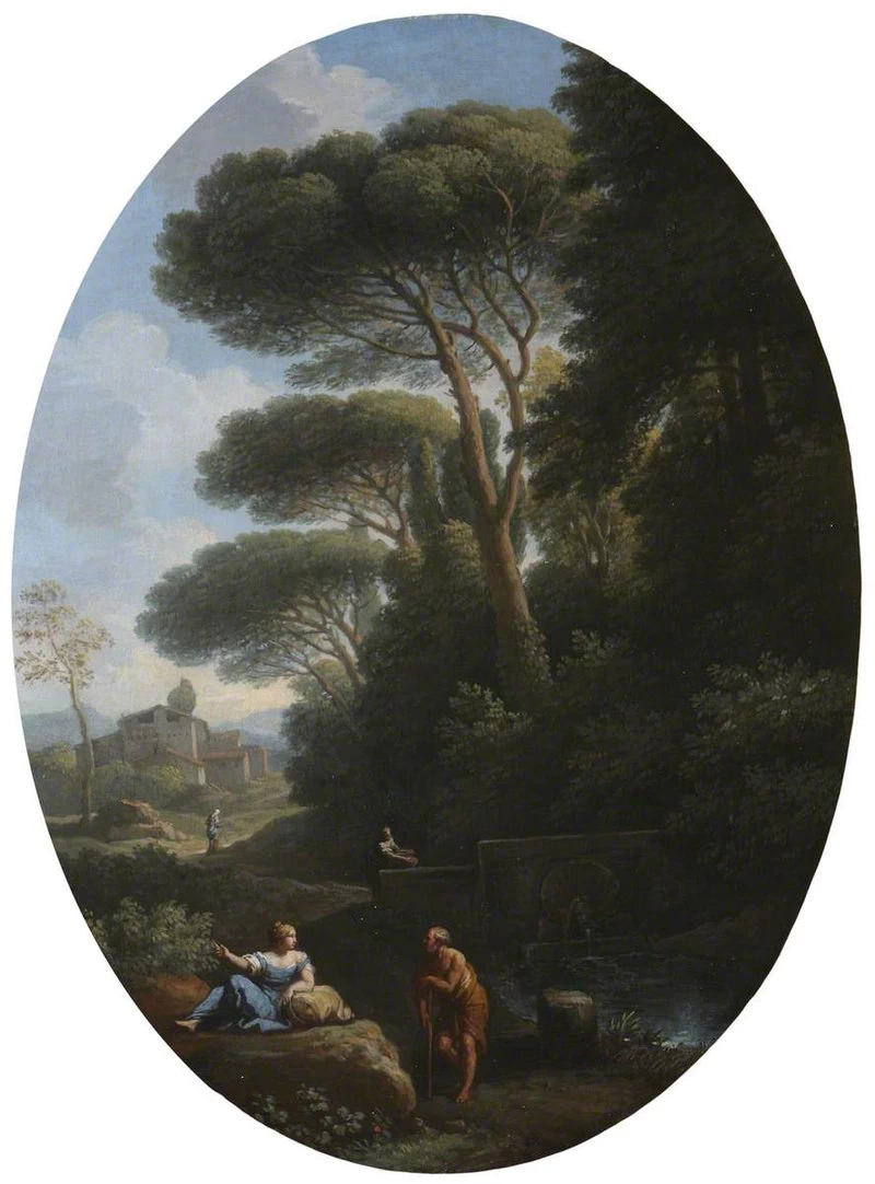 Paesaggio classico con uomo e donna in conversazione - National Trust